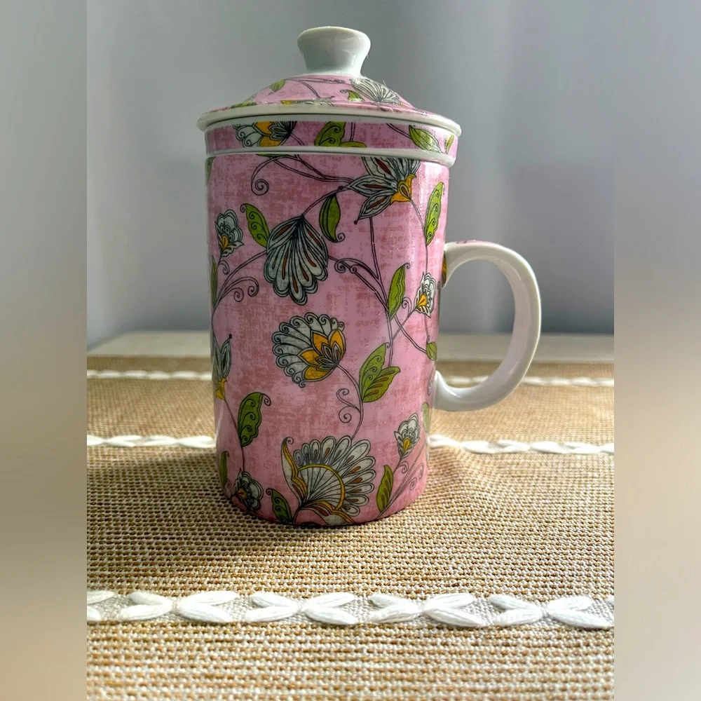 World Market Tea Cup & Infuser with Lid - 3pc Pink Flower & Leaf Floral Design - Picture 2 of 10